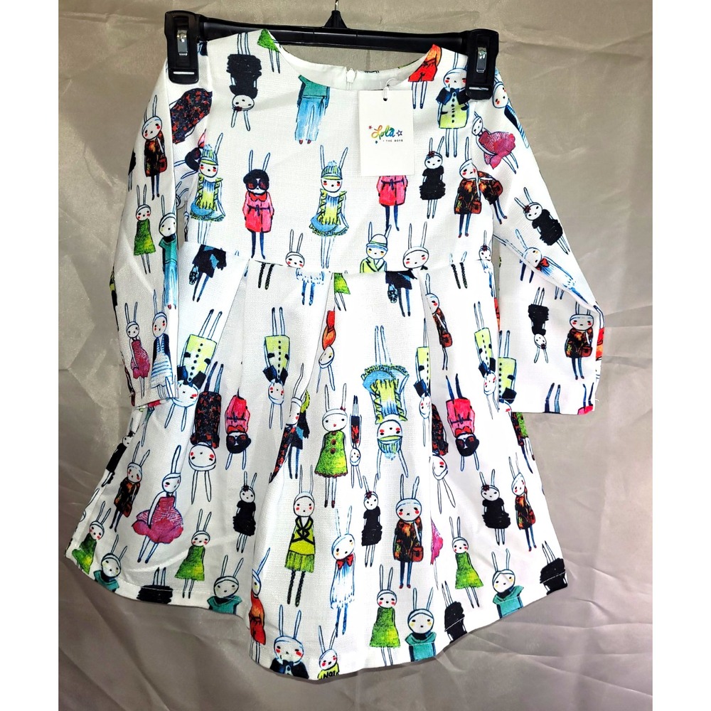 Boutique Lola and the Boys Fashionista Bunny Dress 3T White Long Sleeve Lined